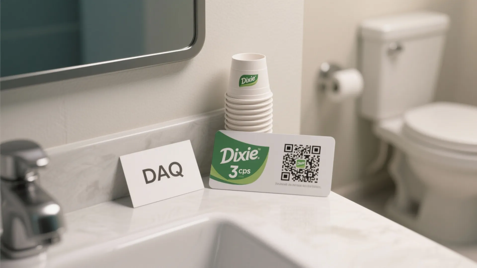 Bathroom counter with paper cups and a small card near a white sink and toilet