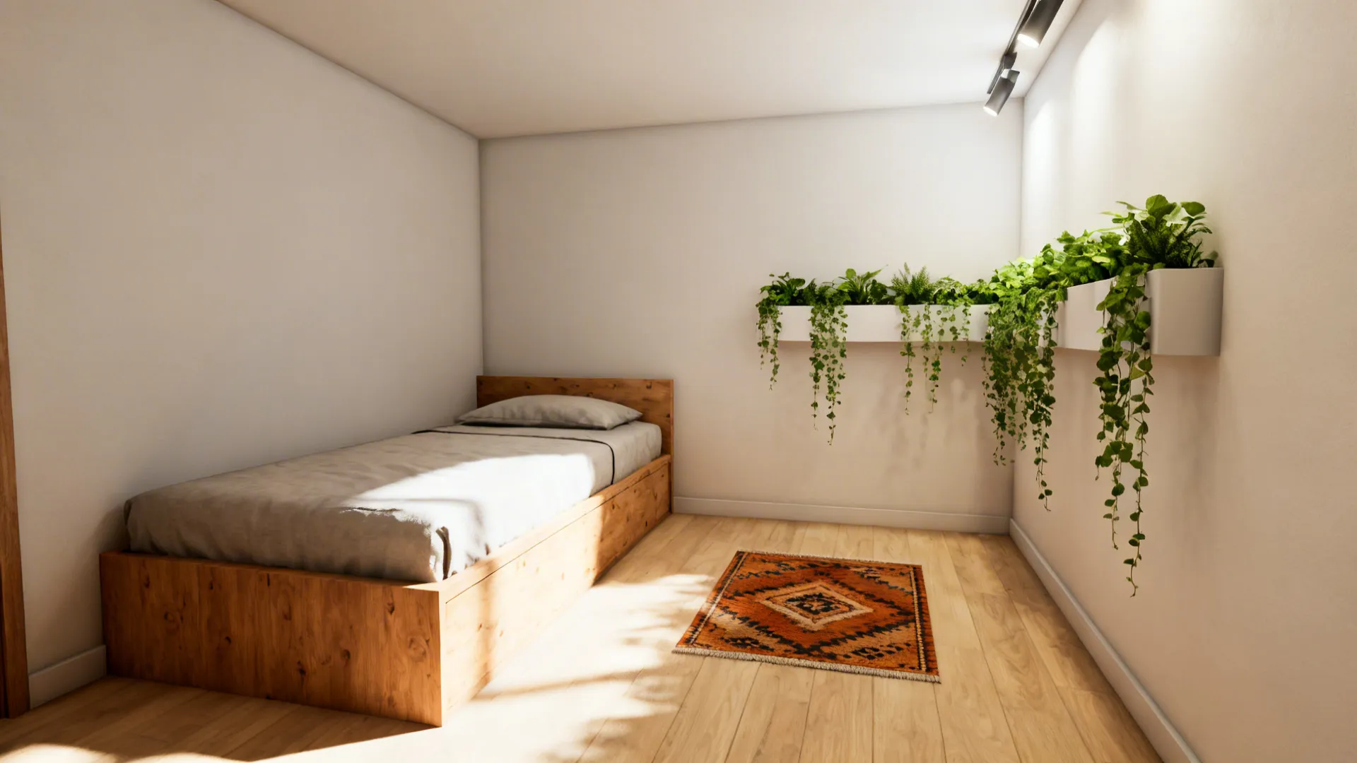 Small room corner with long single bed, planter and continuous flooring demonstrating practical tips.