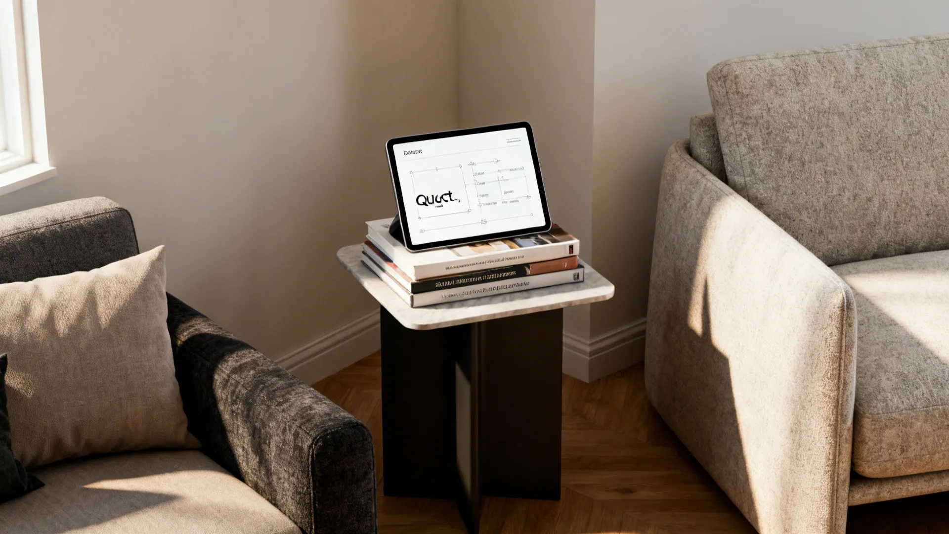 Corner showing two sofa styles with design books and a tablet illustrating spacing tips.