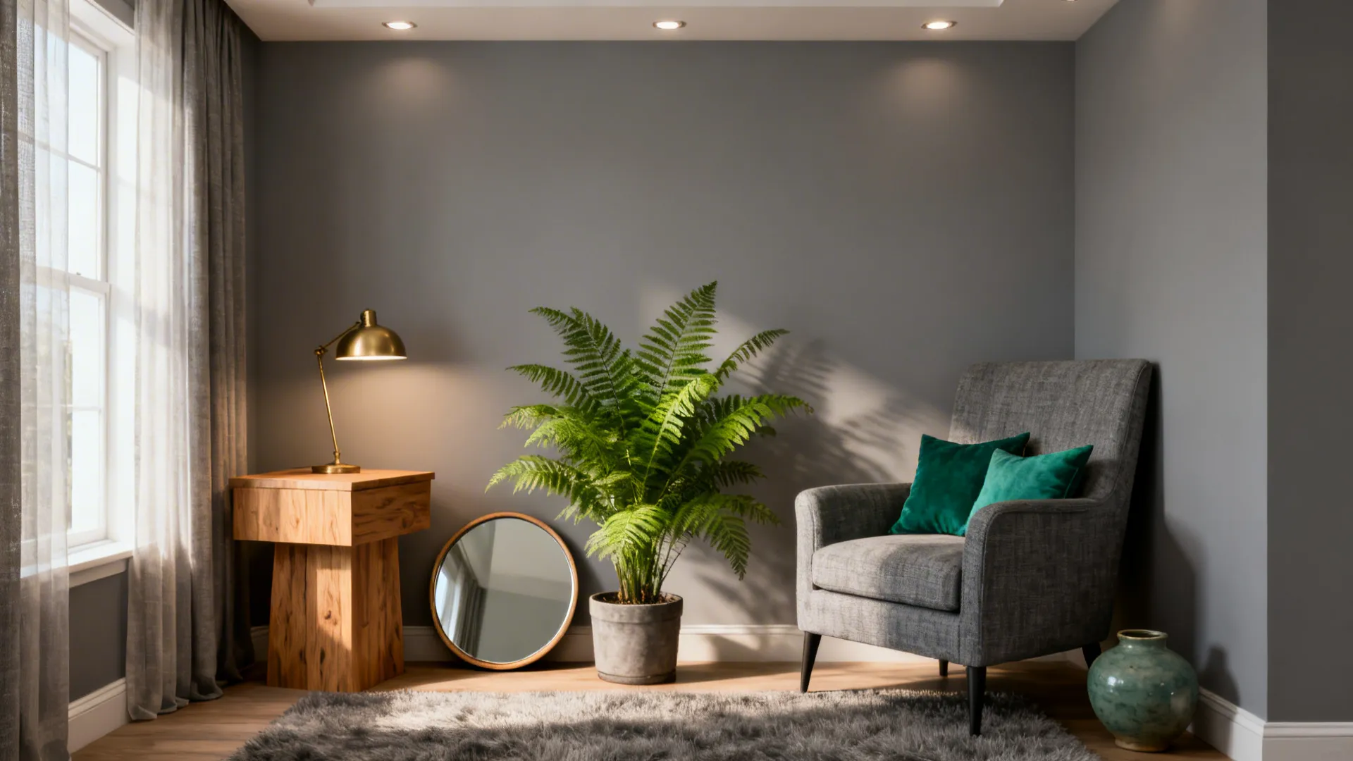 Cozy living-room corner with mirror, layered lights, plant, and wood table illustrating light and material tips