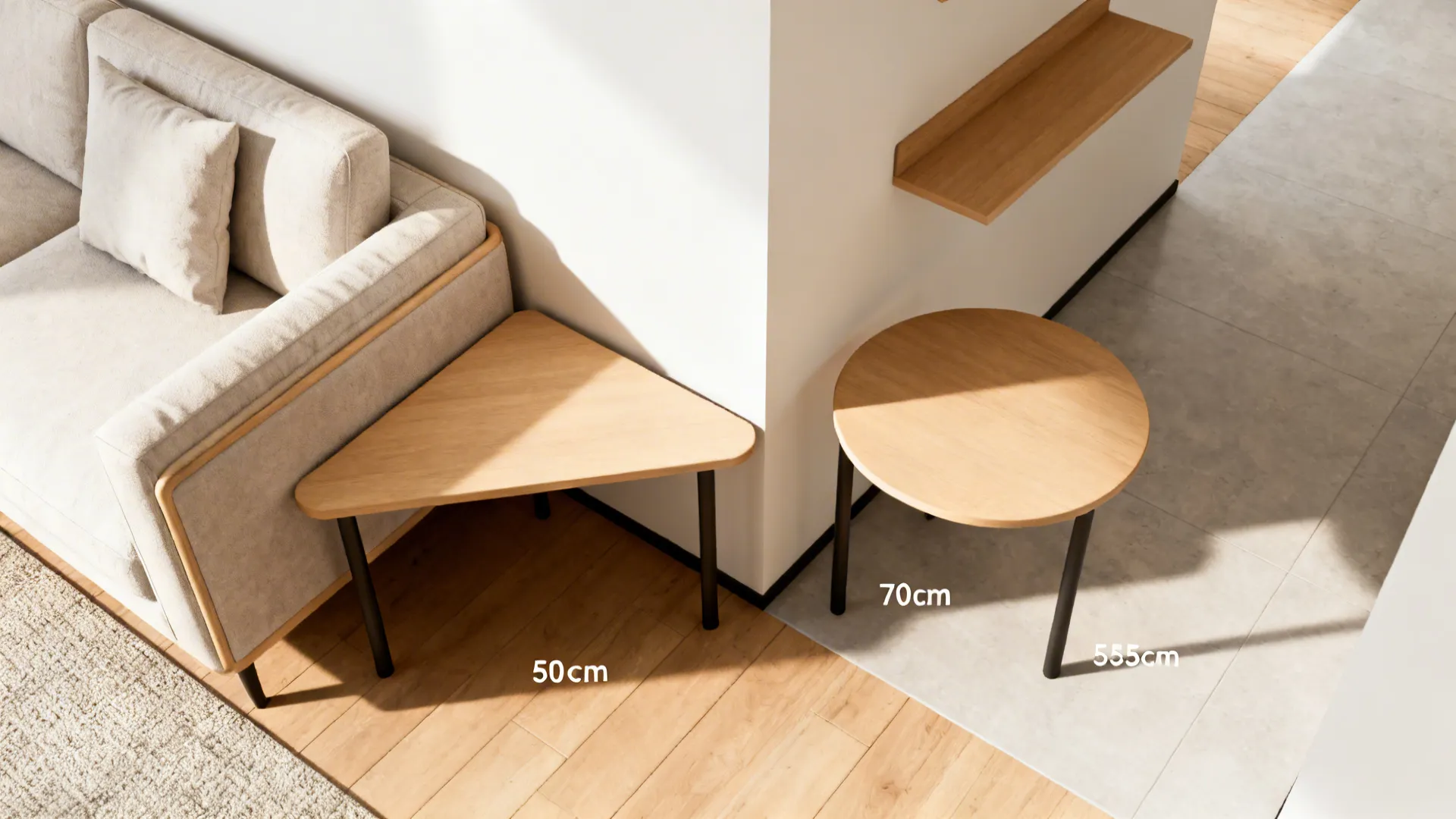 Top-down layout showing corner table height aligned with sofa arms and triangular versus round options.