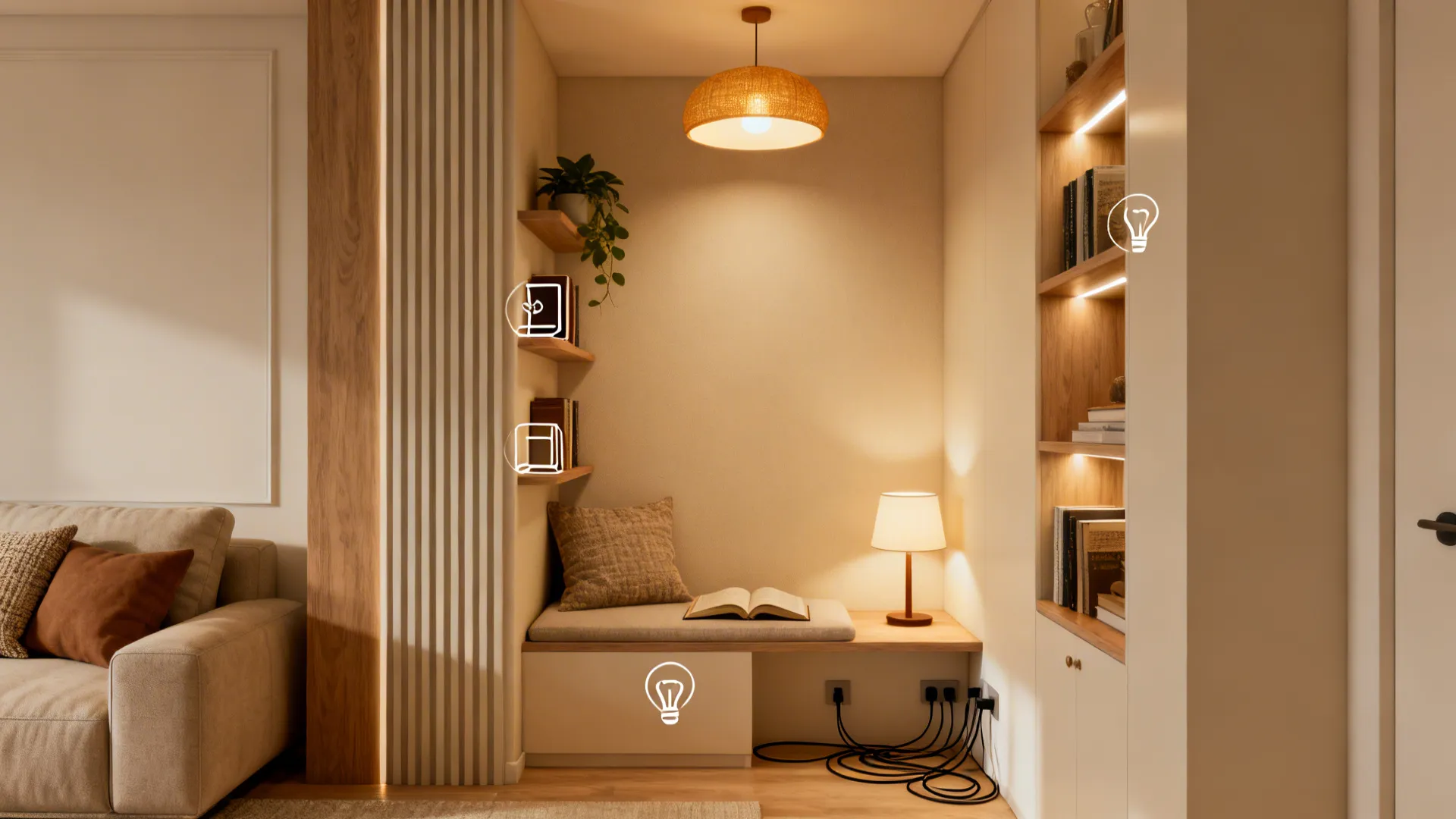 Corner vignette showing reading nook and shelving solutions with layered lighting and tidy cable management.