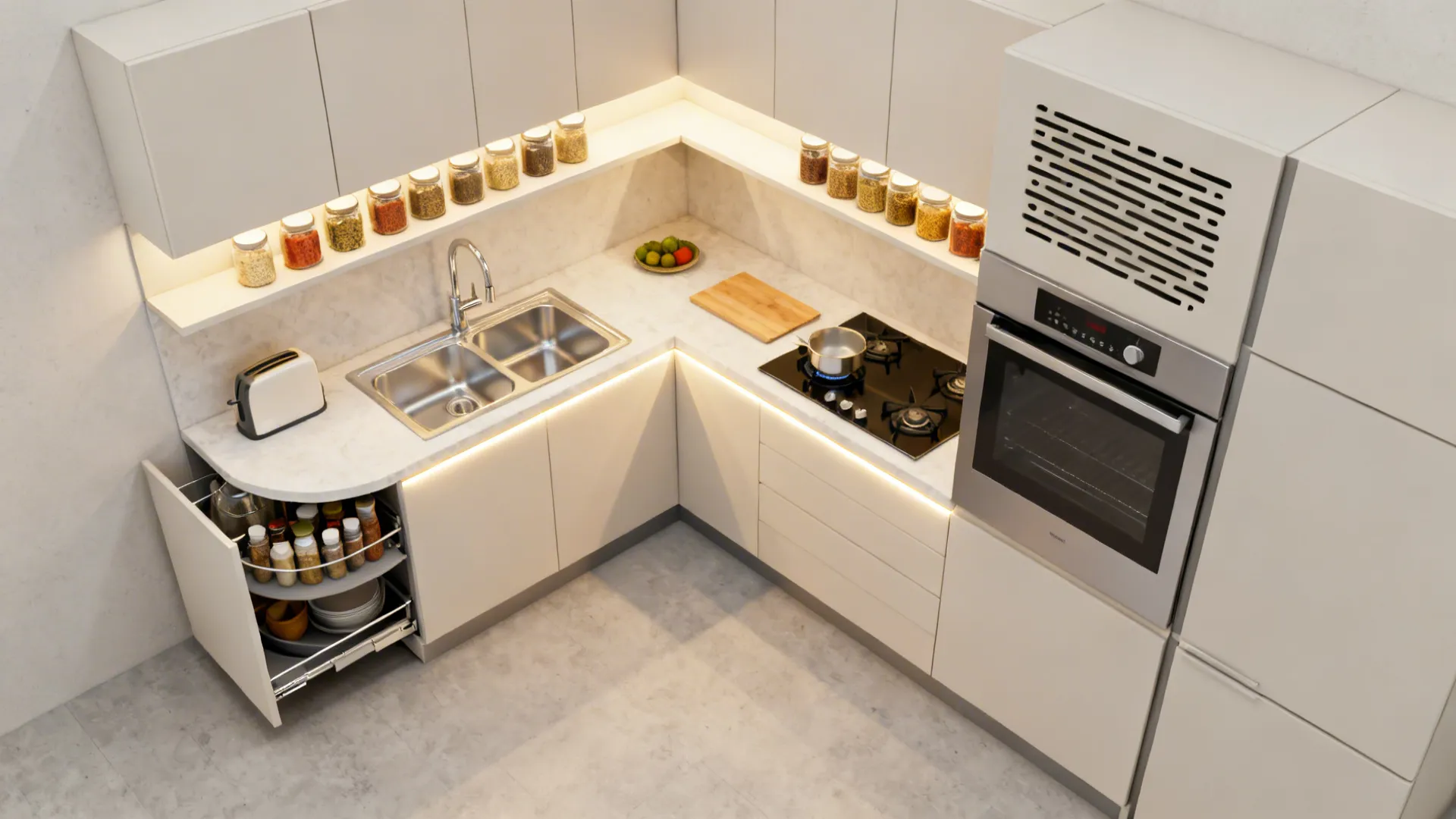 Interior design drawing showing white kitchen cabinets sink stove oven and rotating corner storage shelf