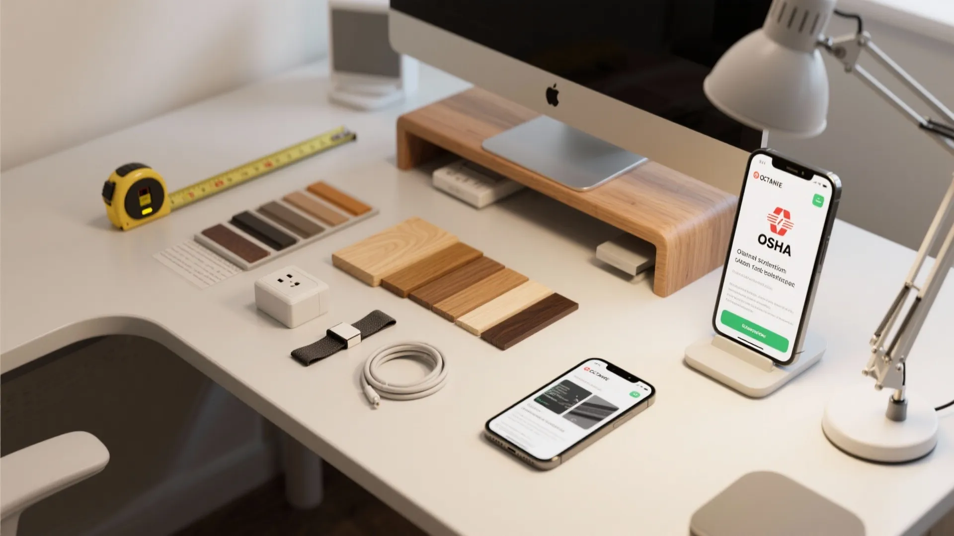Flatlay of measuring tape, wood swatches, cable ties, and a monitor riser representing corner desk FAQ items