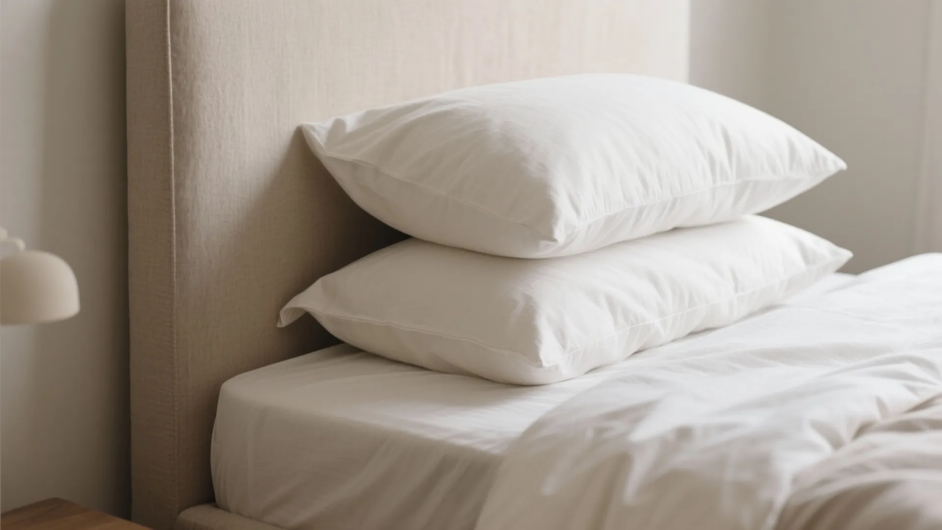 Close up view of two white pillows stacked on a bed with a beige headboard