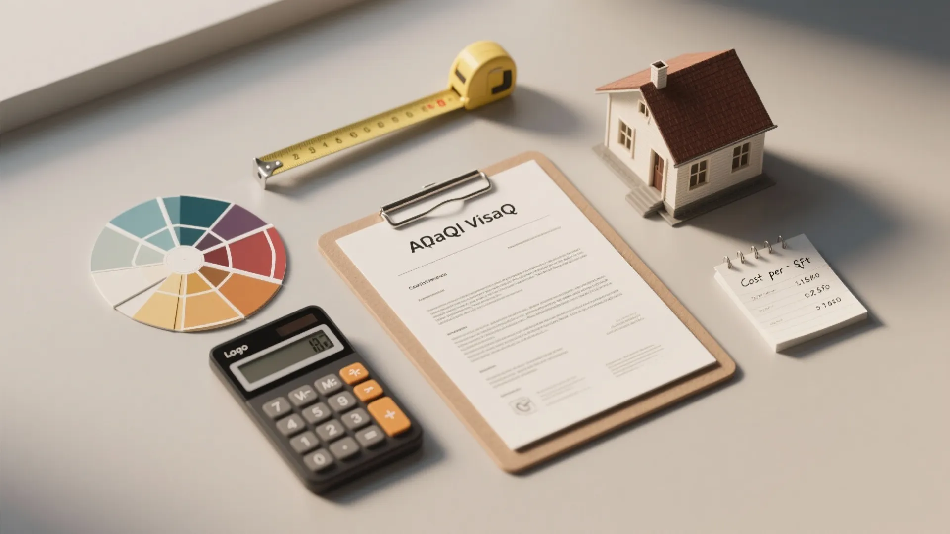 House model with calculator and measuring tape on desk showing home renovation cost and budget planning