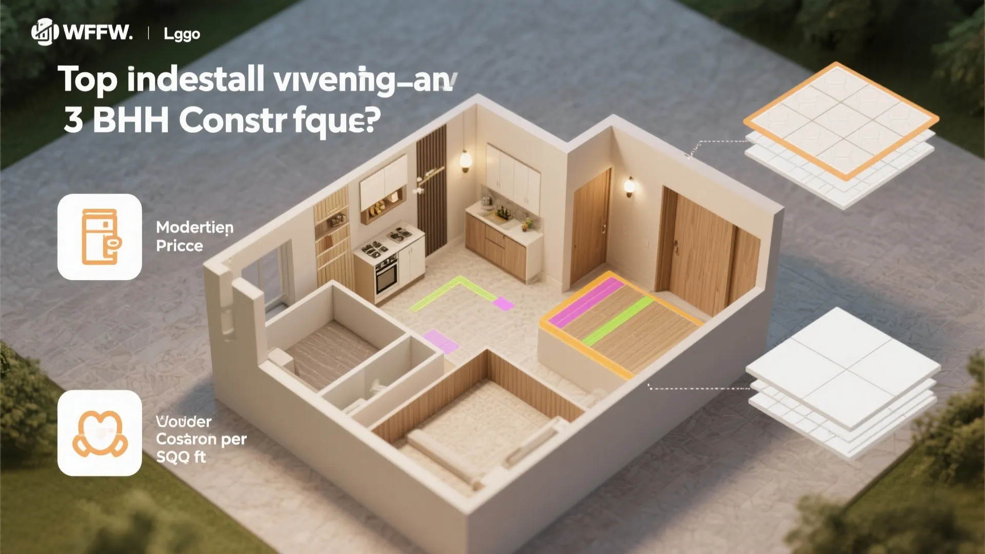 Three dimensional interior design drawing showing a house floor plan with kitchen cabinets and furniture