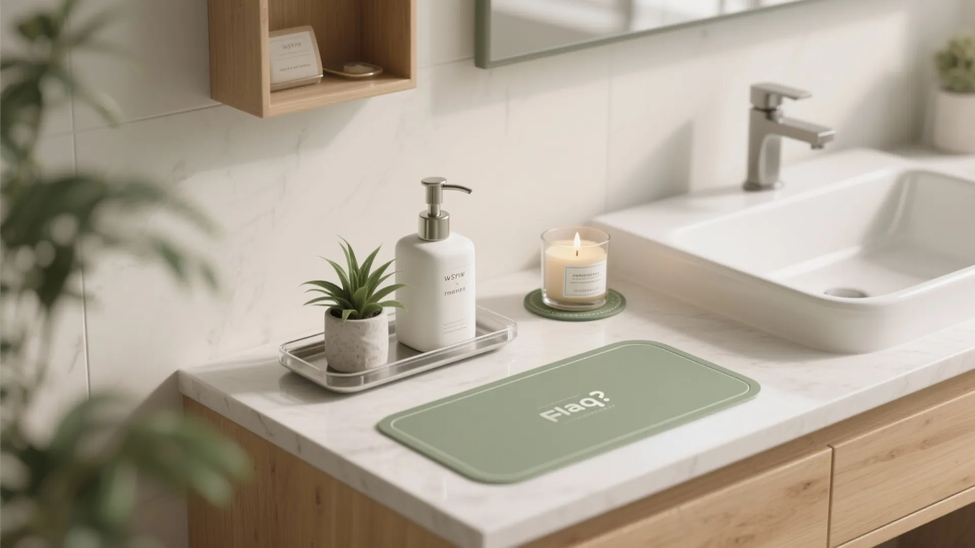 Modern bathroom counter with white sink, soap dispenser, small plant, scented candle, and green mat