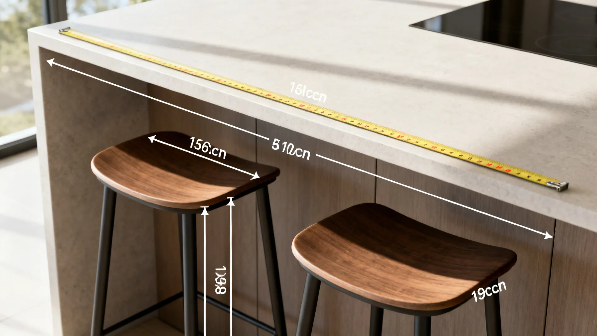 Close-up of counter overhang with backless stools and measuring tape demonstrating seating clearance.