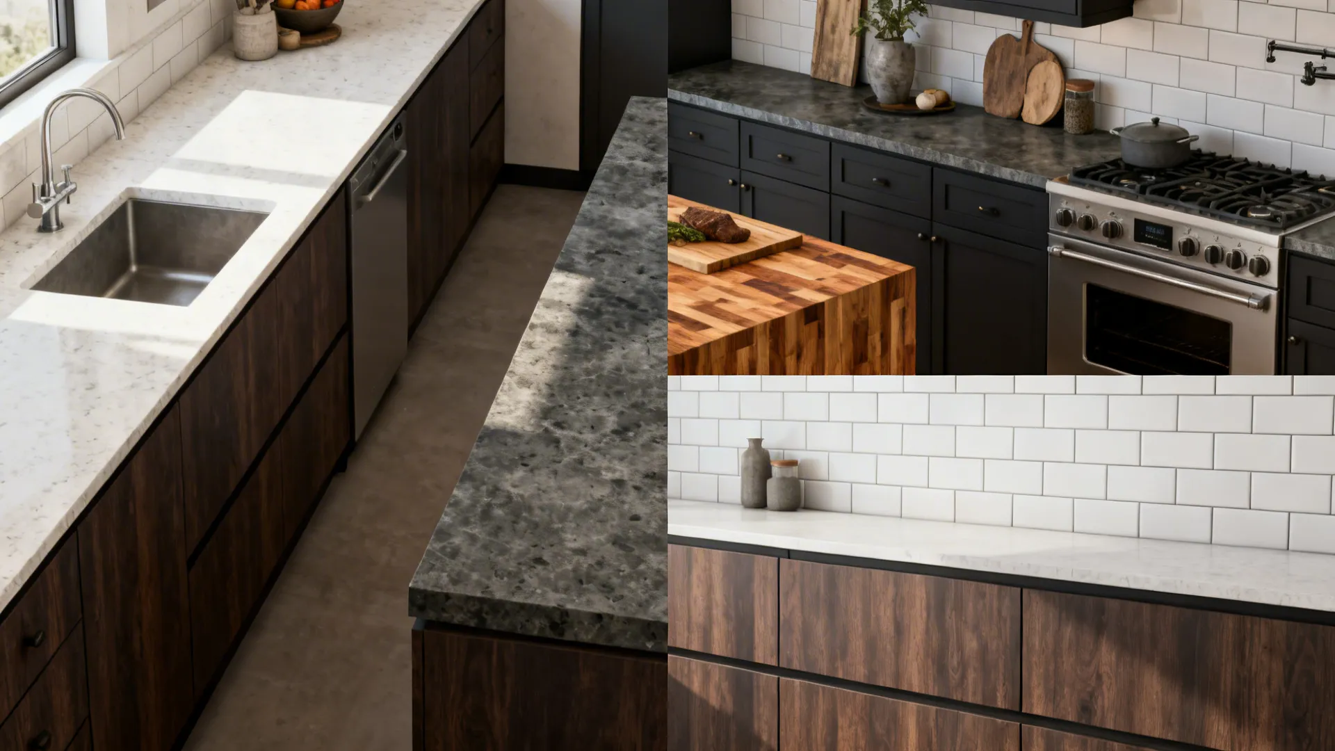 Collage of countertop examples: light quartz with dark wood, soapstone, butcher block, and porcelain in an editorial grid.