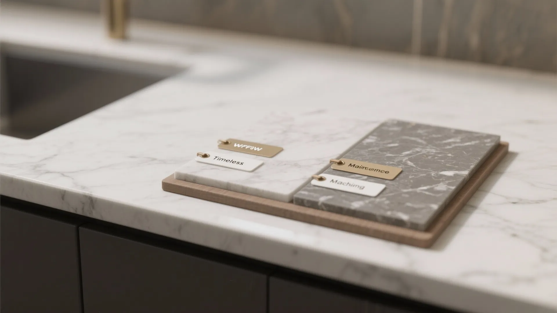Two stone countertop material samples with labels on wood tray placed over white marble surface