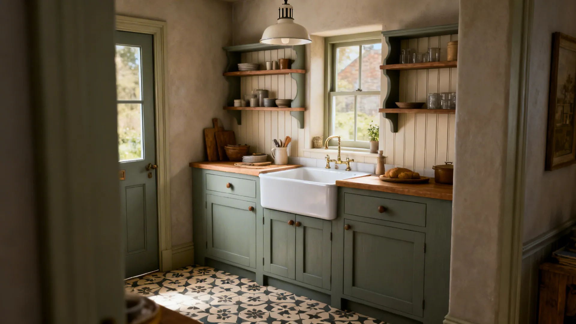 Vignettes of UK country kitchen elements including sage Shaker, Belfast sink, shelves, pendant, and patterned tile.