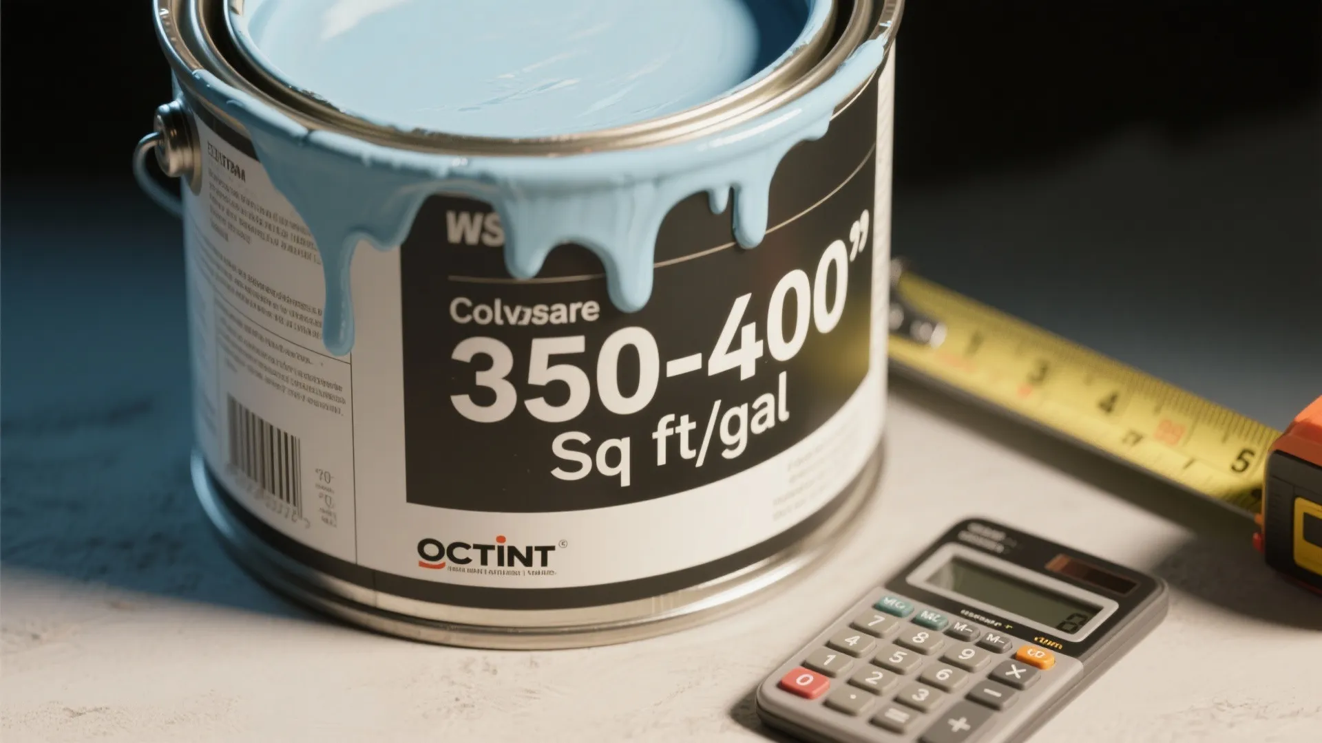 Macro close-up of a paint can label showing coverage per gallon with a tape measure and calculator nearby.