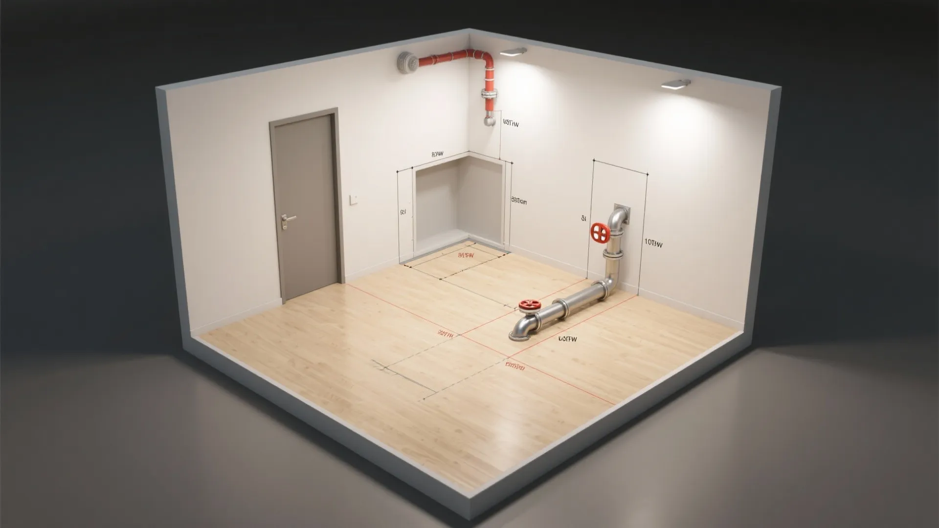 Top-down view of a small room illustrating coverage zones, alcove, door header, and sidewall placement options.
