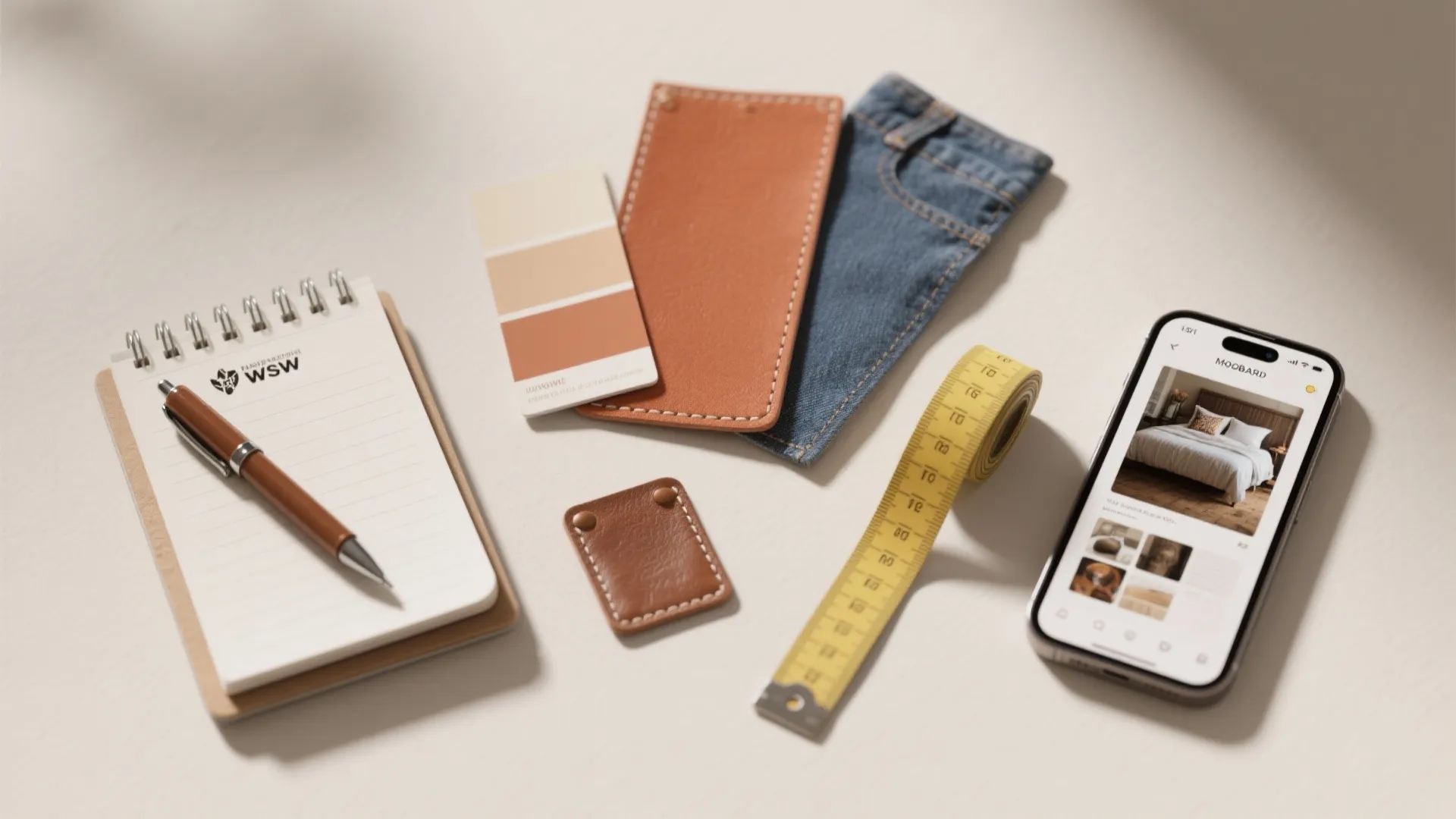 Flatlay of swatches, notepad, leather sample and measuring tape representing quick tips for cowgirl bedroom decor.