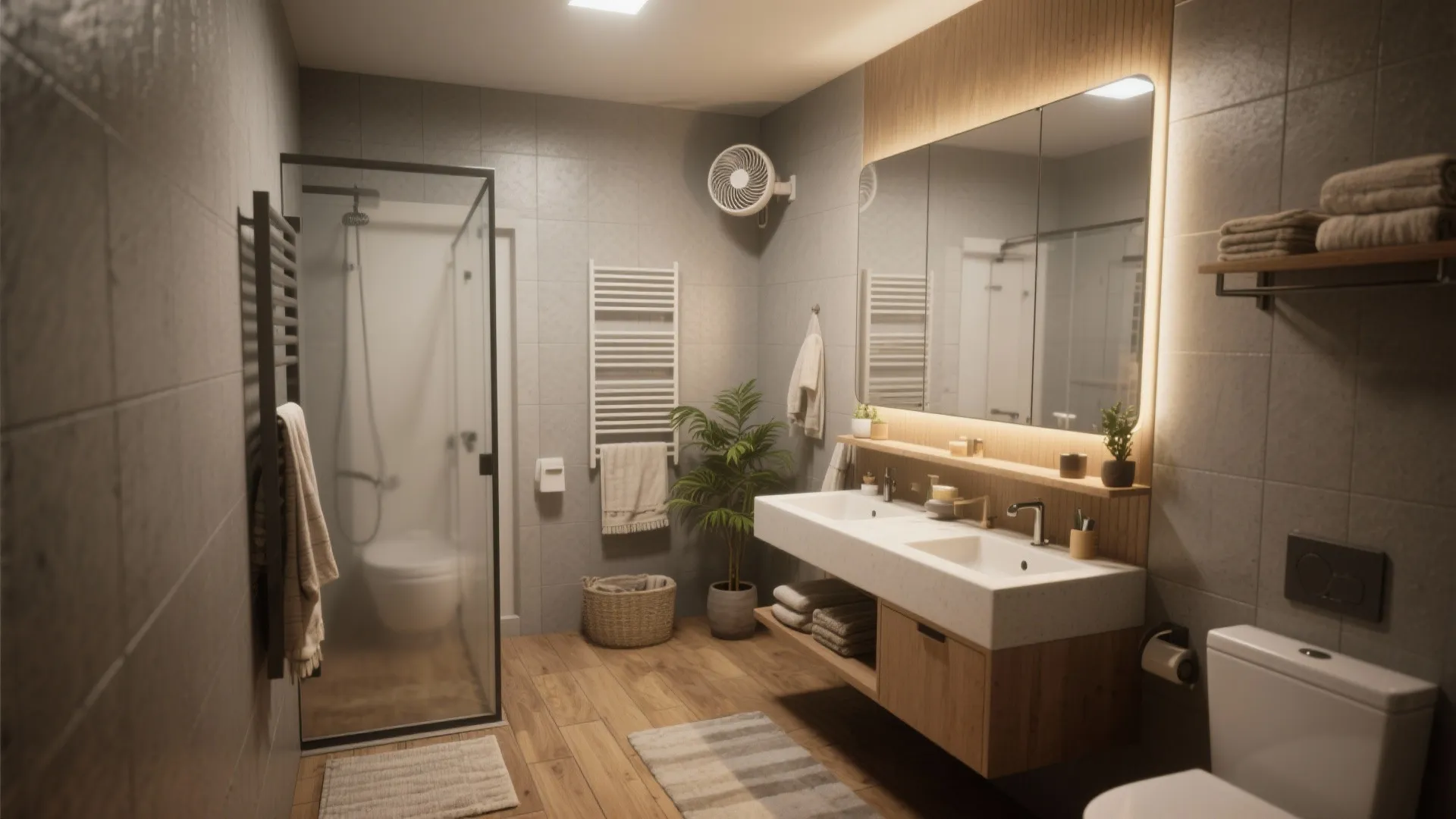 Modern bathroom featuring wooden double sink vanity large lighted mirror glass shower and grey tiles