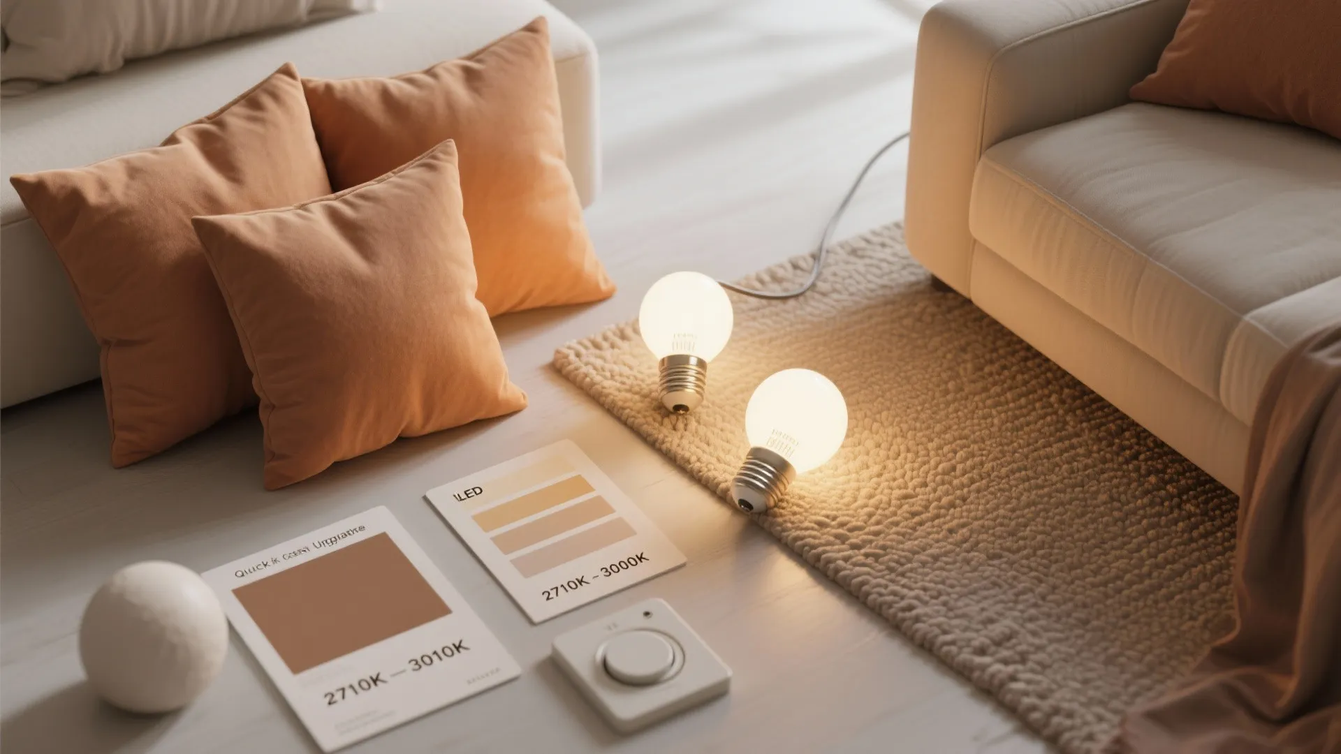 Glowing light bulbs on floor with orange pillows, color cards and a soft woven area rug