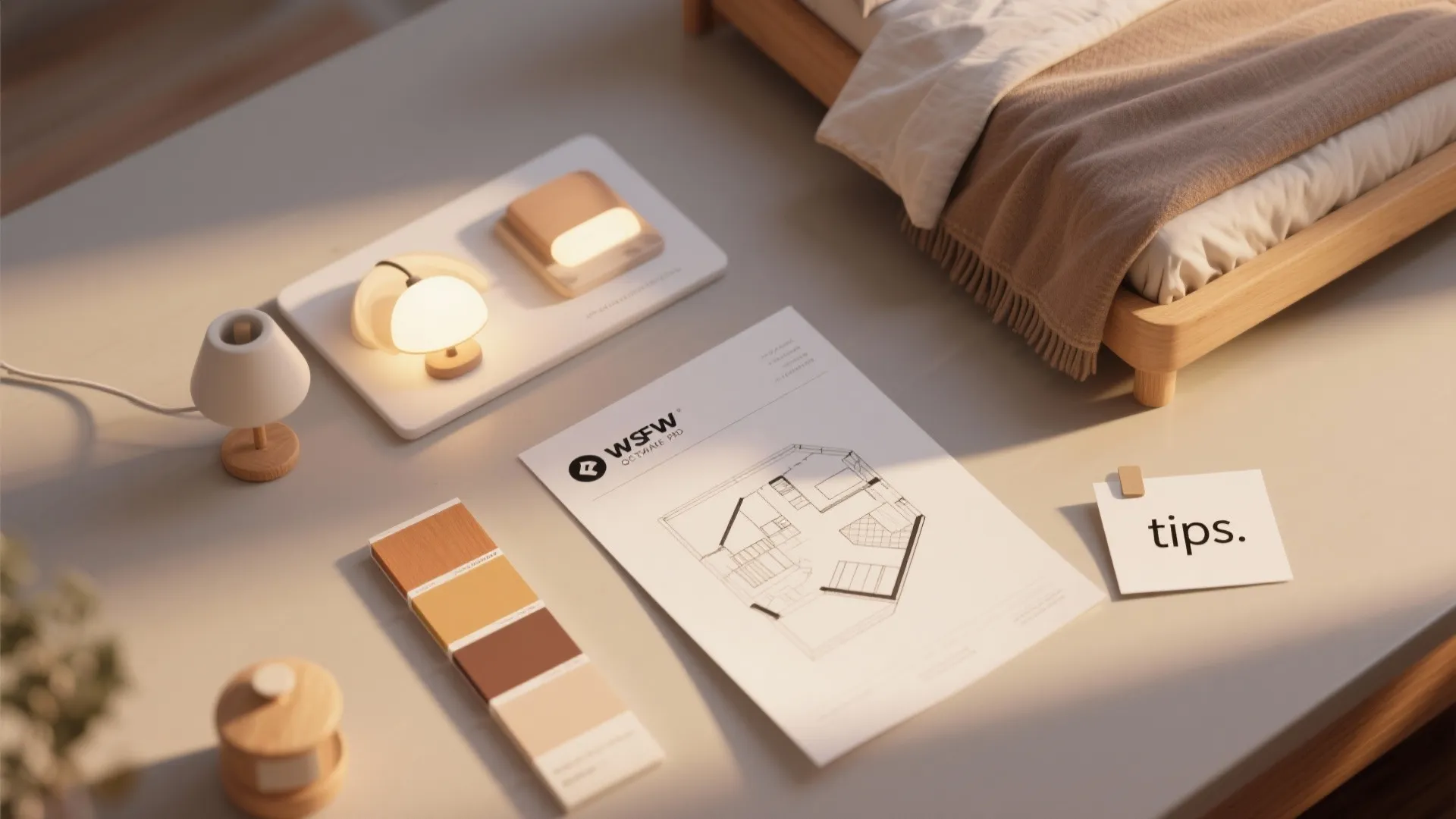 Table with interior design drawing color swatches small lamps tips note and a wooden bed