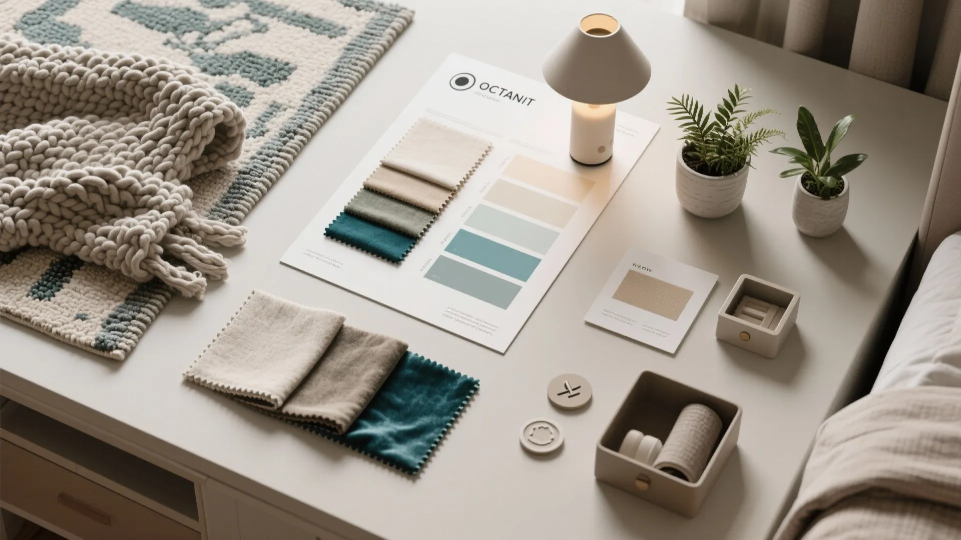 Top-down moodboard with fabric swatches, paint chips, lamp sample and plant for cozy bedroom ideas