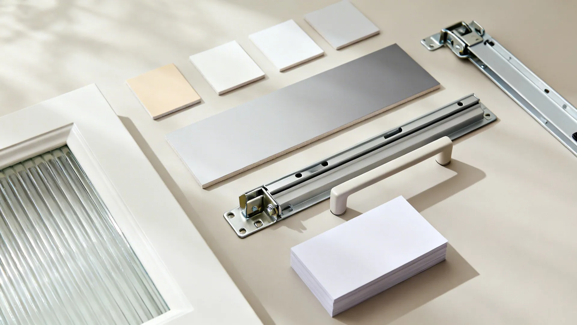 Flat lay with finish samples, ribbed glass, hinges, slides, and integrated pull options for small kitchens.