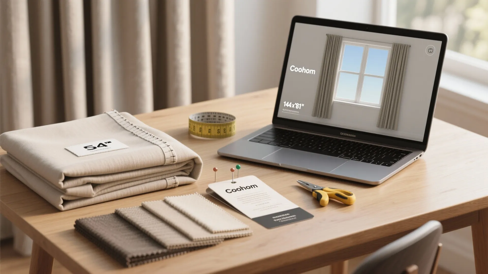 Laptop showing window curtain design on wooden table with measuring tape and various fabric samples