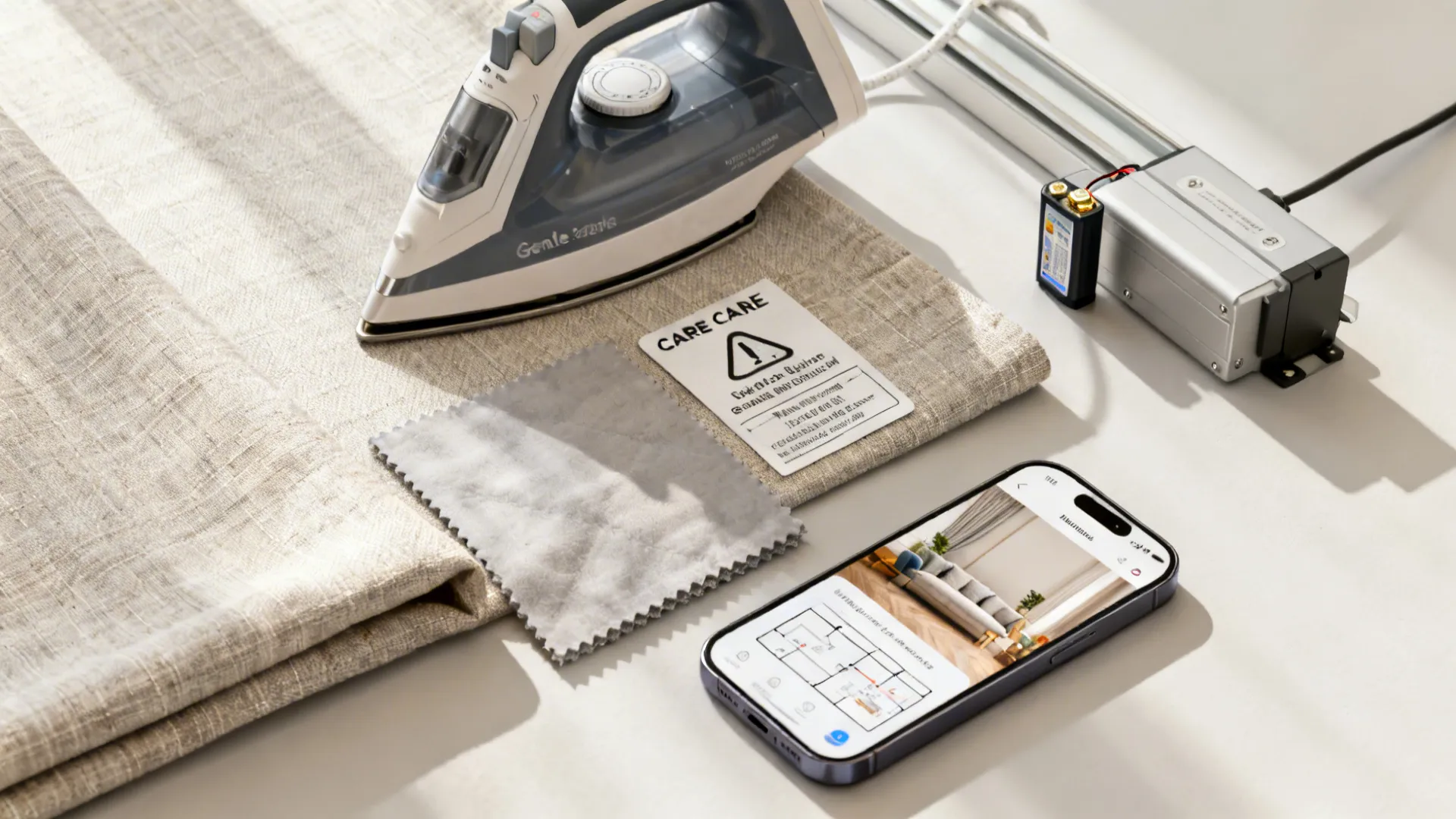 Maintenance tools for curtain care including a steam iron cleaning cloth and smartphone with home app