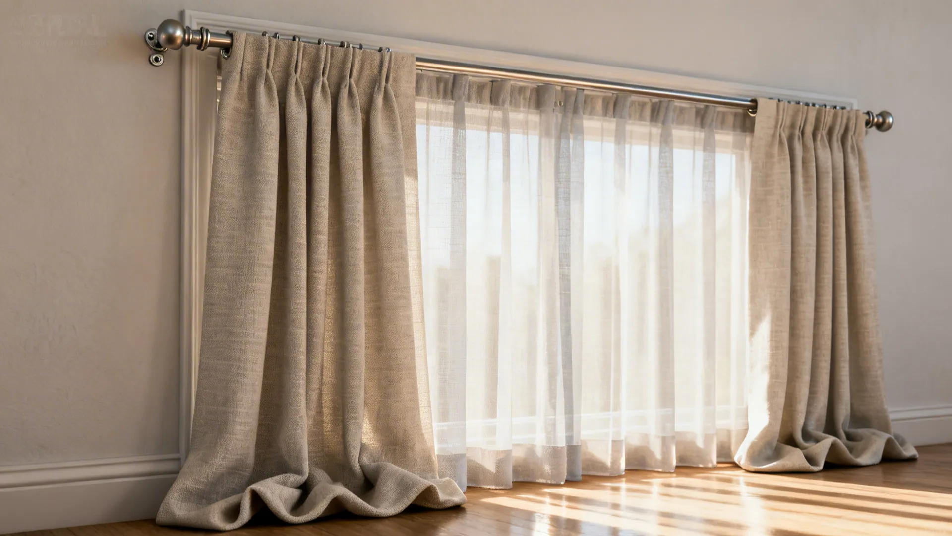 Cozy bedroom corner showing light neutral curtains, rod mounted above the frame, and layered sheers for privacy and light control