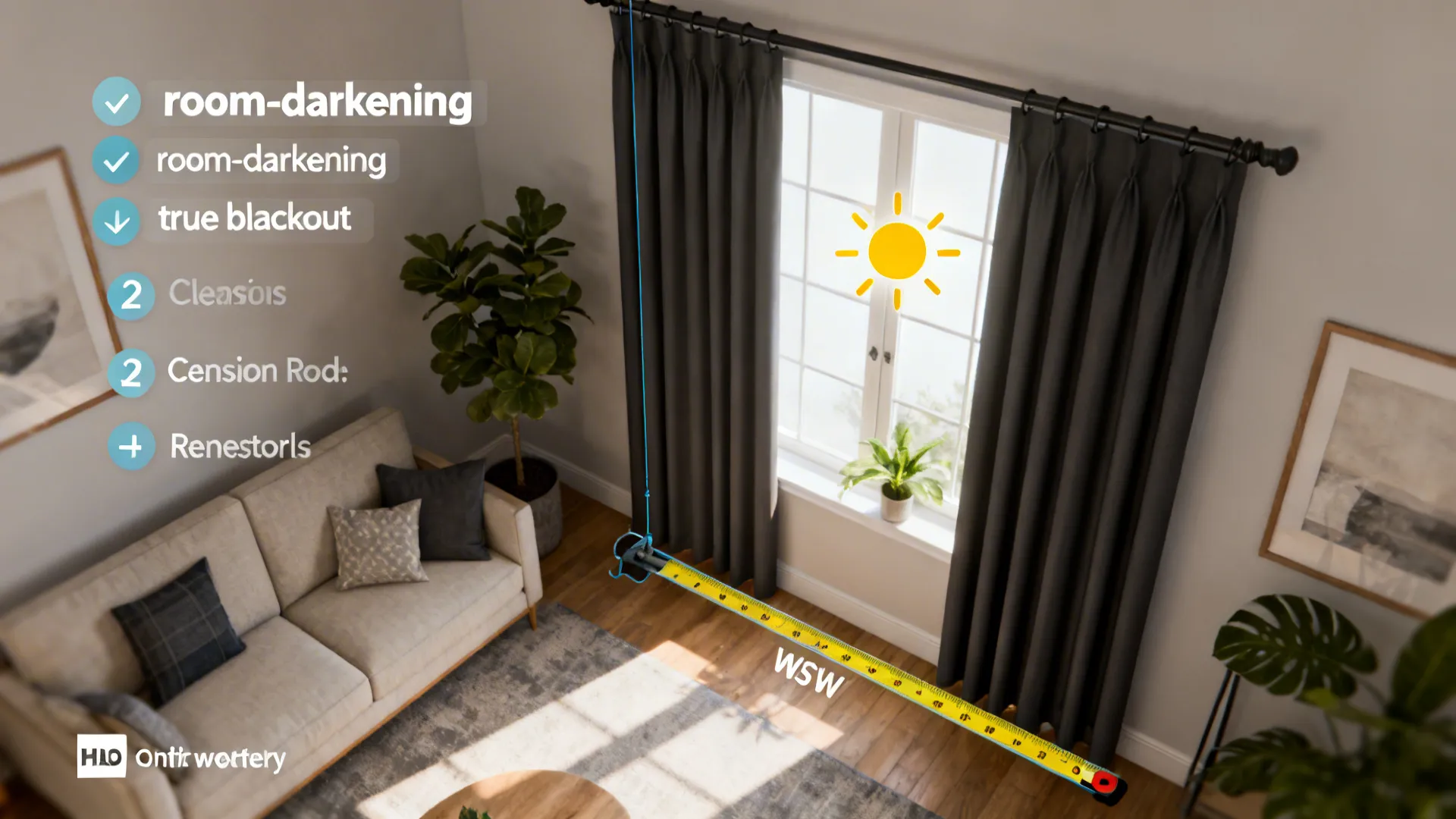Top-down infographic living room showing measuring, curtain types, rental options and plant placement