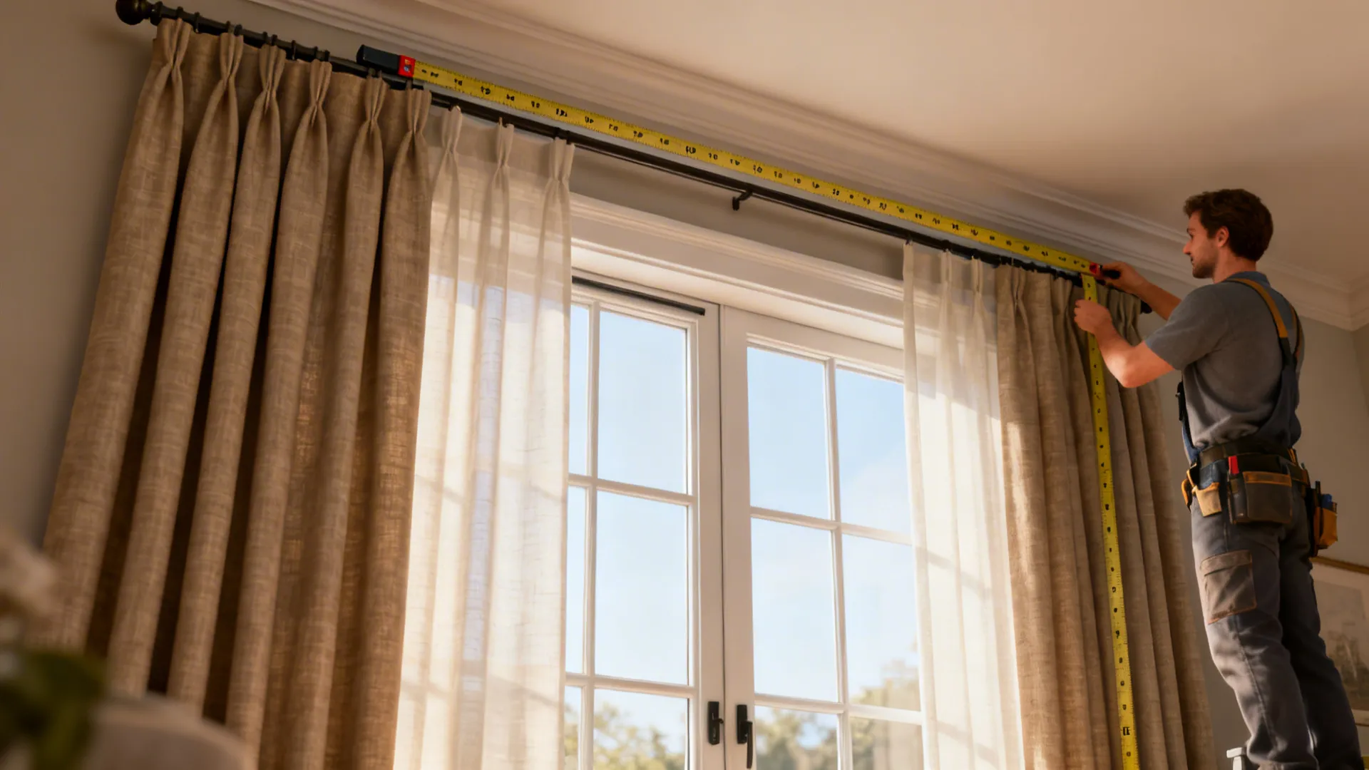 Installer measuring and demonstrating optimal rod placement and fullness for a 10-foot window