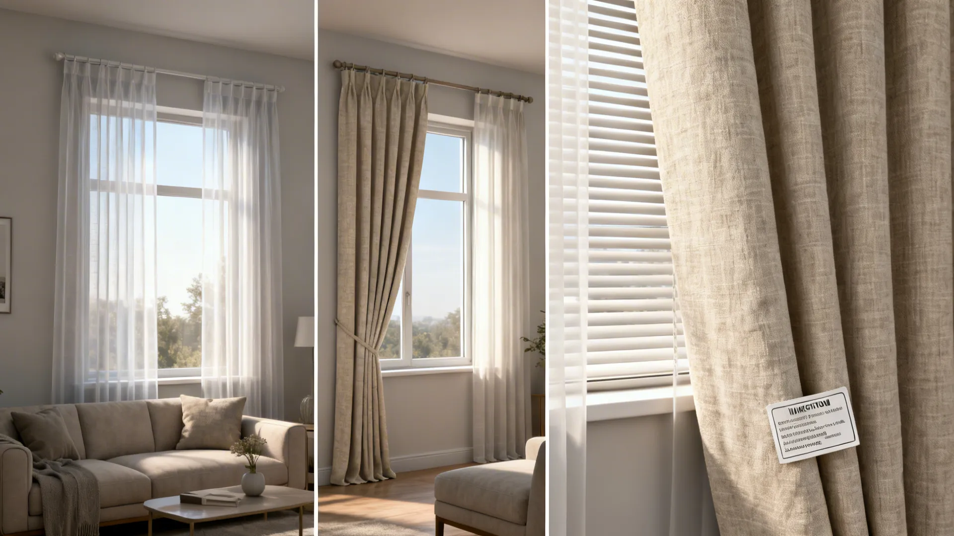 Living room montage showing voile, linen-blend sheers, and blinds combined for layered light control