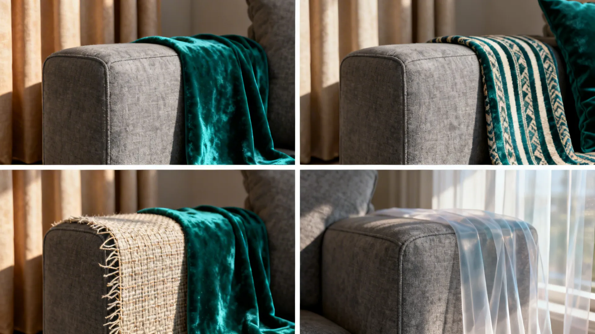 Grid of curtain style vignettes (warm neutral, emerald, patterned, sheers) paired with a grey couch