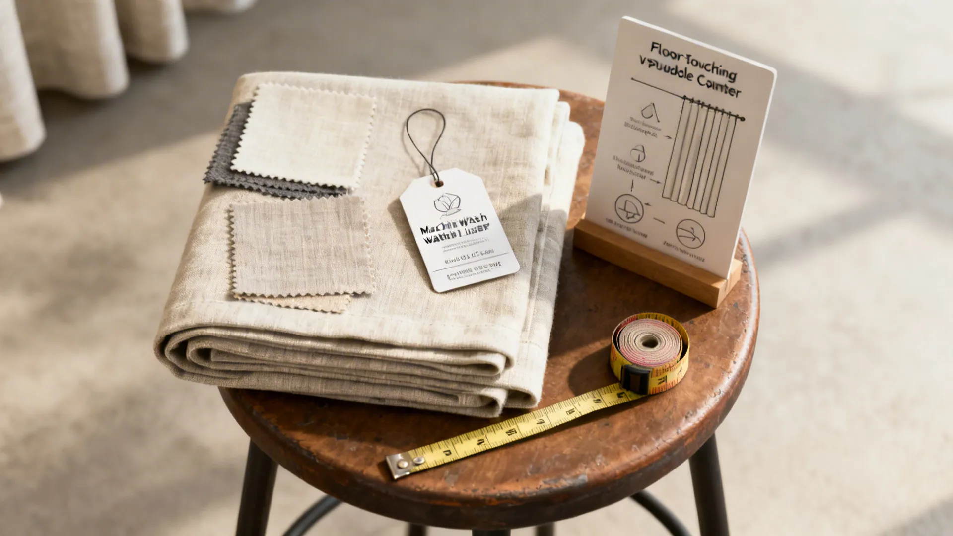 Curtain fabric samples and a machine-washable liner tag next to a measuring tape showing recommended curtain lengths.