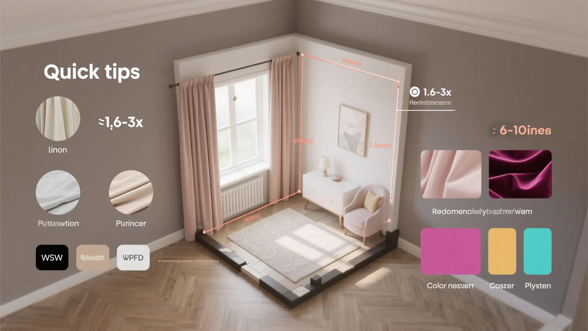 Top-down room plan infographic showing curtain width, hanging height, and fabric recommendations.