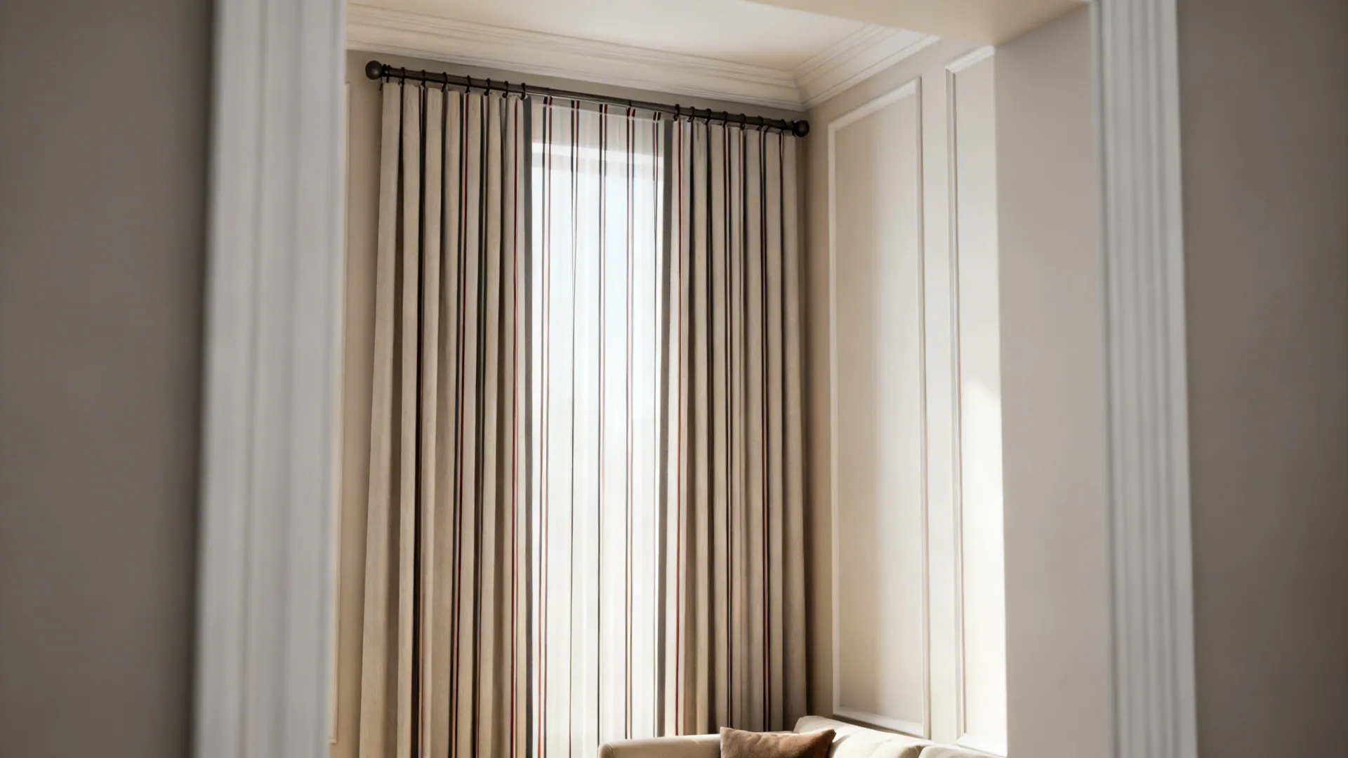 Small living room vignette showing high-mounted rod and layered black-and-white curtains to create height.