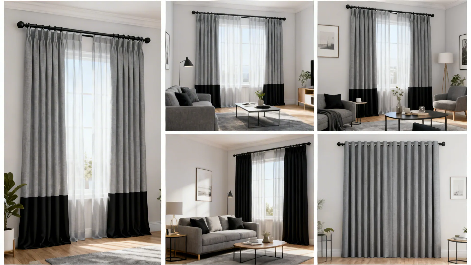 Collage showing five living room interior design drawings with various grey and black curtain options