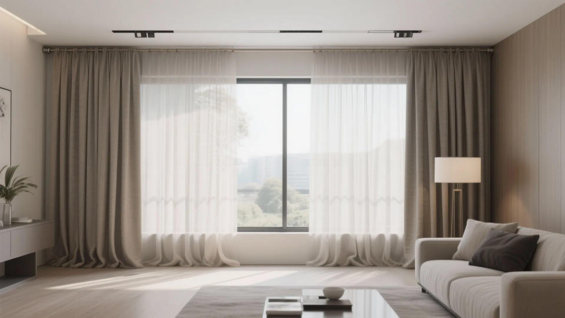Living room window with ceiling-mounted ripple fold curtains extending past the frame and hem kissing the floor