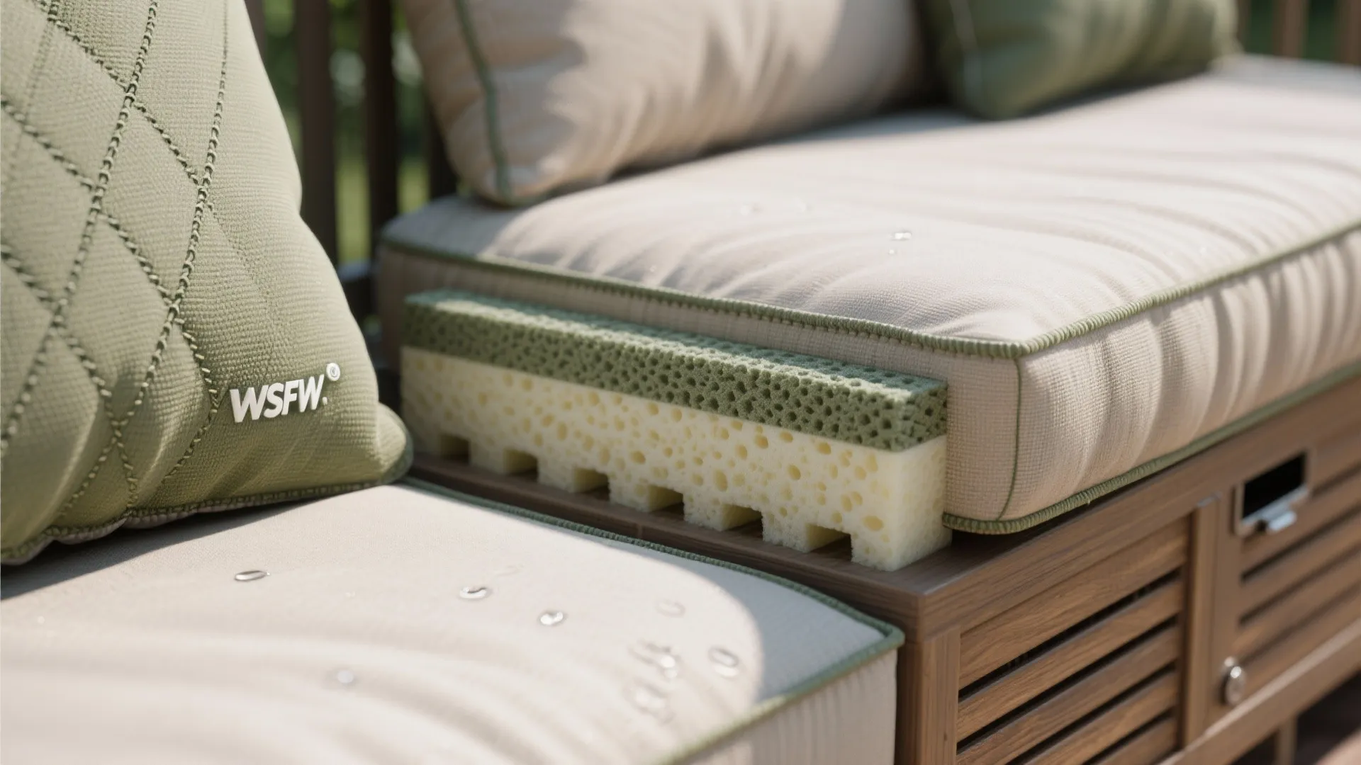Close up showing layers of foam inside a water resistant outdoor sofa cushion with green trim