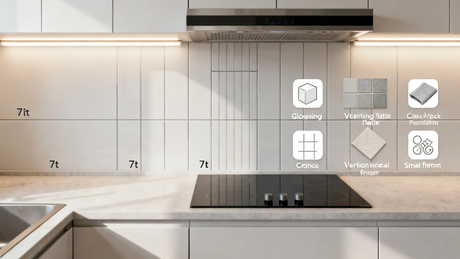 White vertical kitchen wall tiles above black electric cooktop with feature icons and several labels