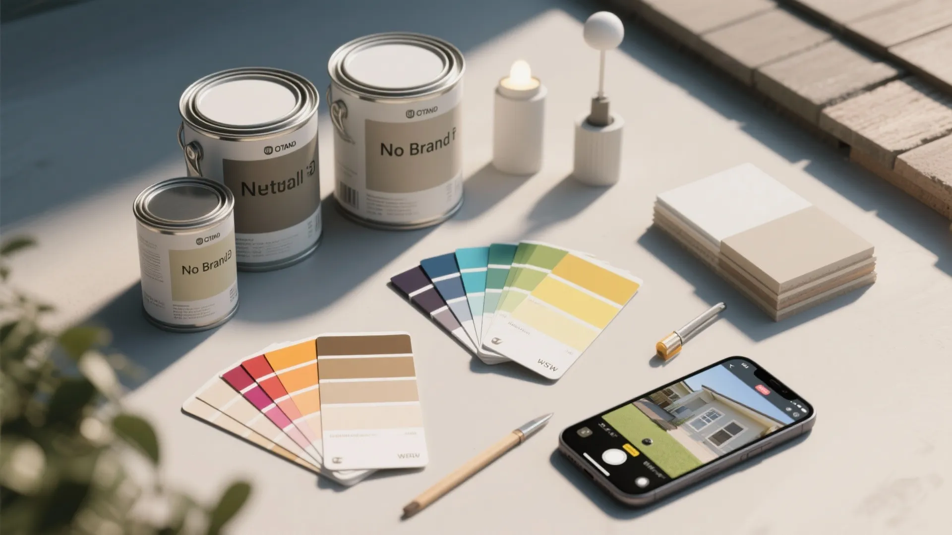 Paint cans with colorful swatches and a smartphone showing a house exterior for home renovation