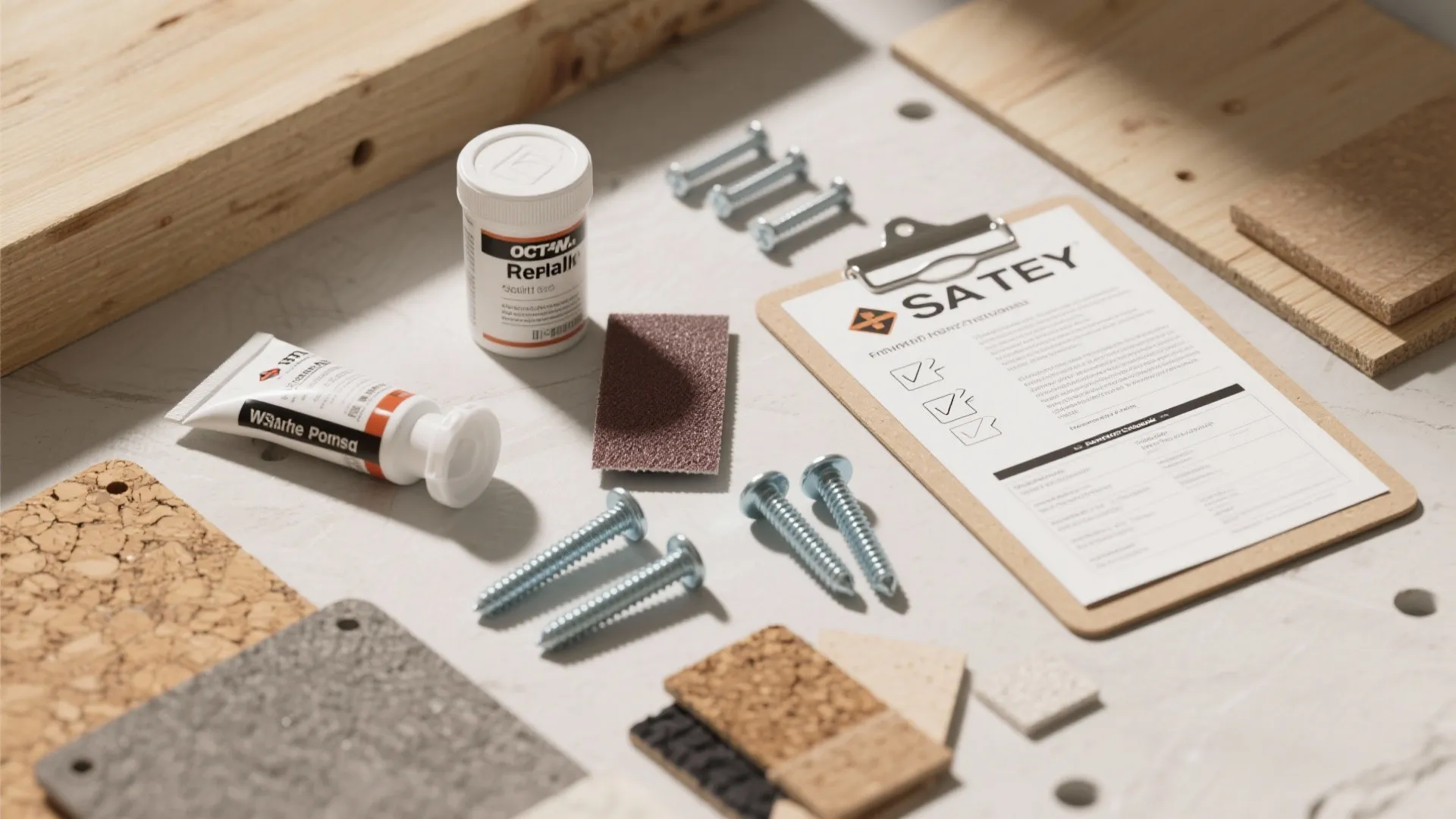 Various home repair tools including screws sandpaper glue and clipboard on a white work table
