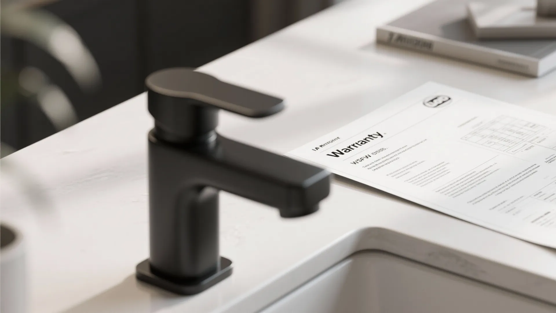Modern black tap on white bathroom counter next to warranty paper and small grey book