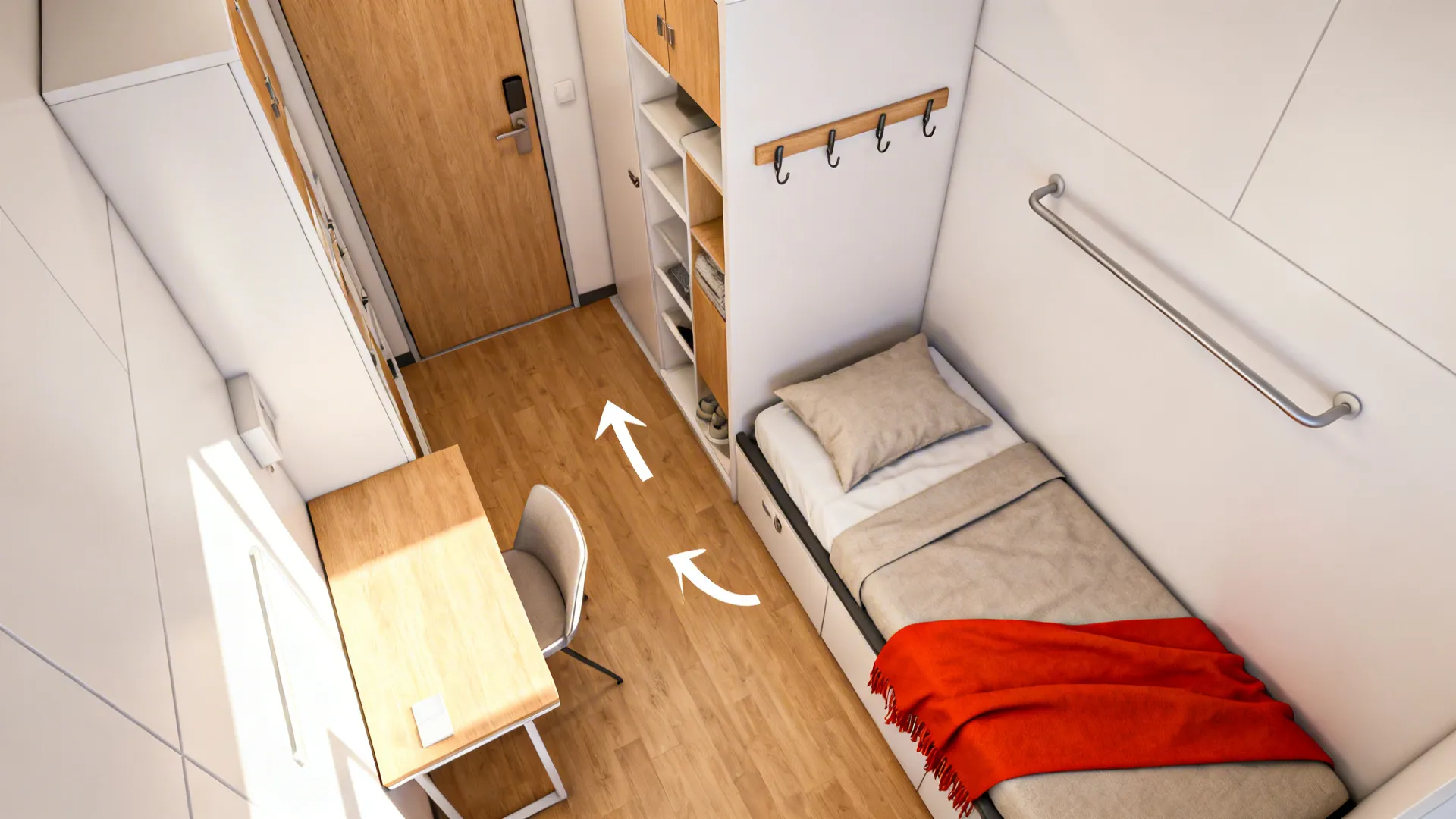 Top-down guide to a small hostel room day-one setup with neutral bedding, accent throw, and over-door hooks.