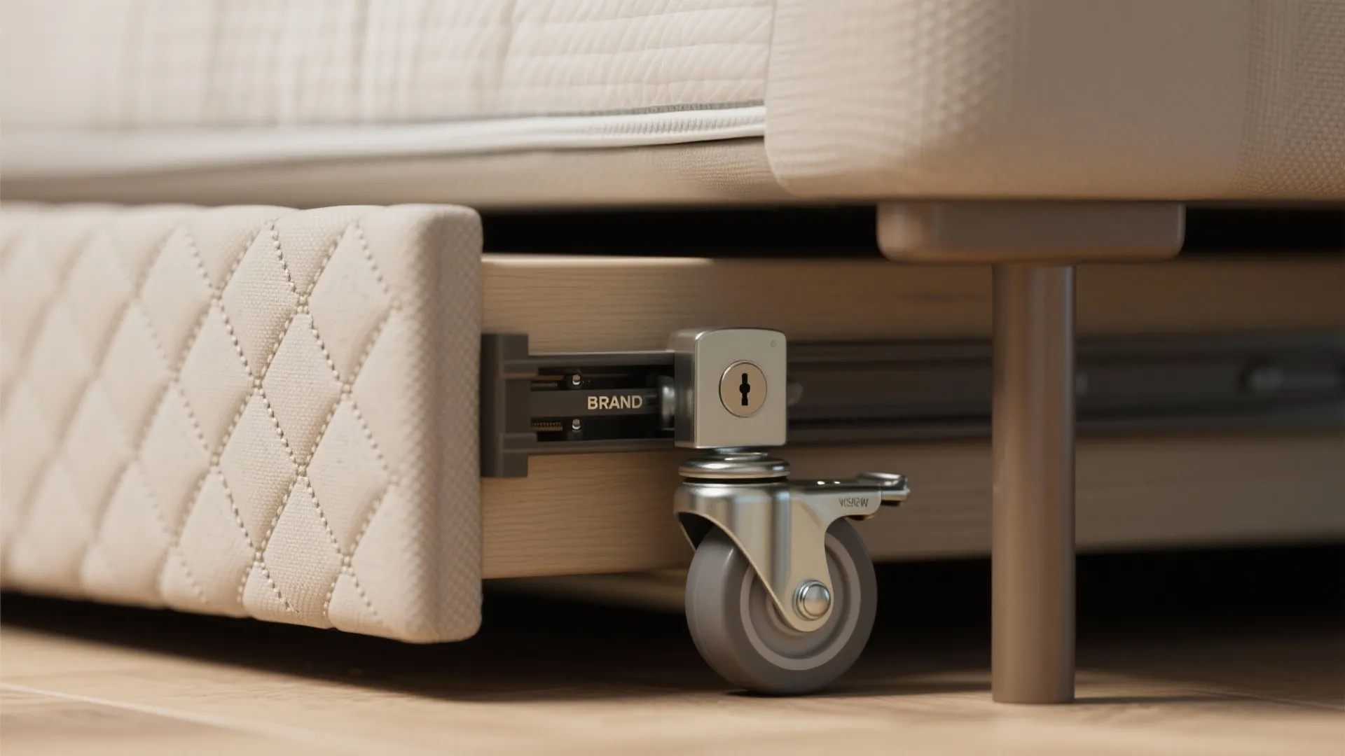 Macro details of daybed hardware: locking caster, drawer slide and mattress topper fabric weave.
