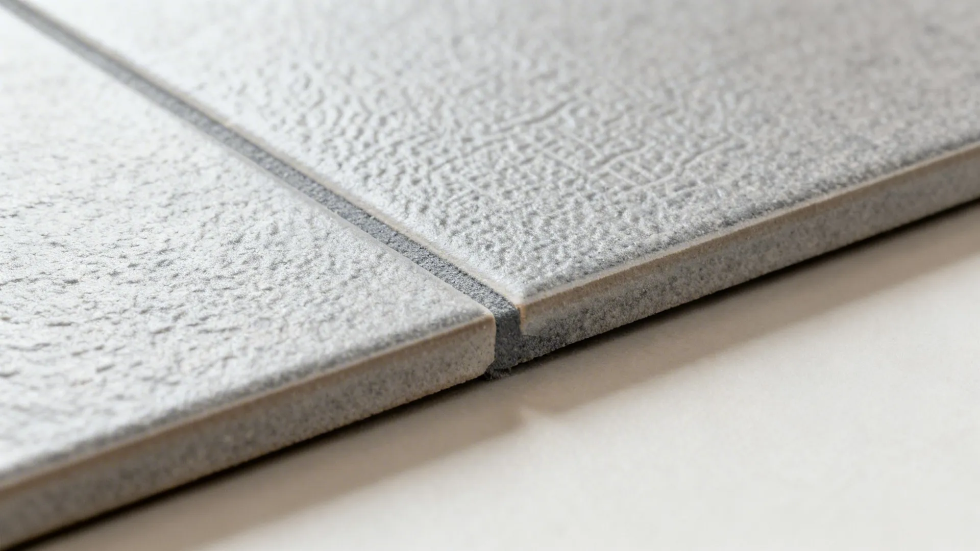 Macro of grey porcelain tile with subtle slip-resistant texture and mid-grey grout joint.