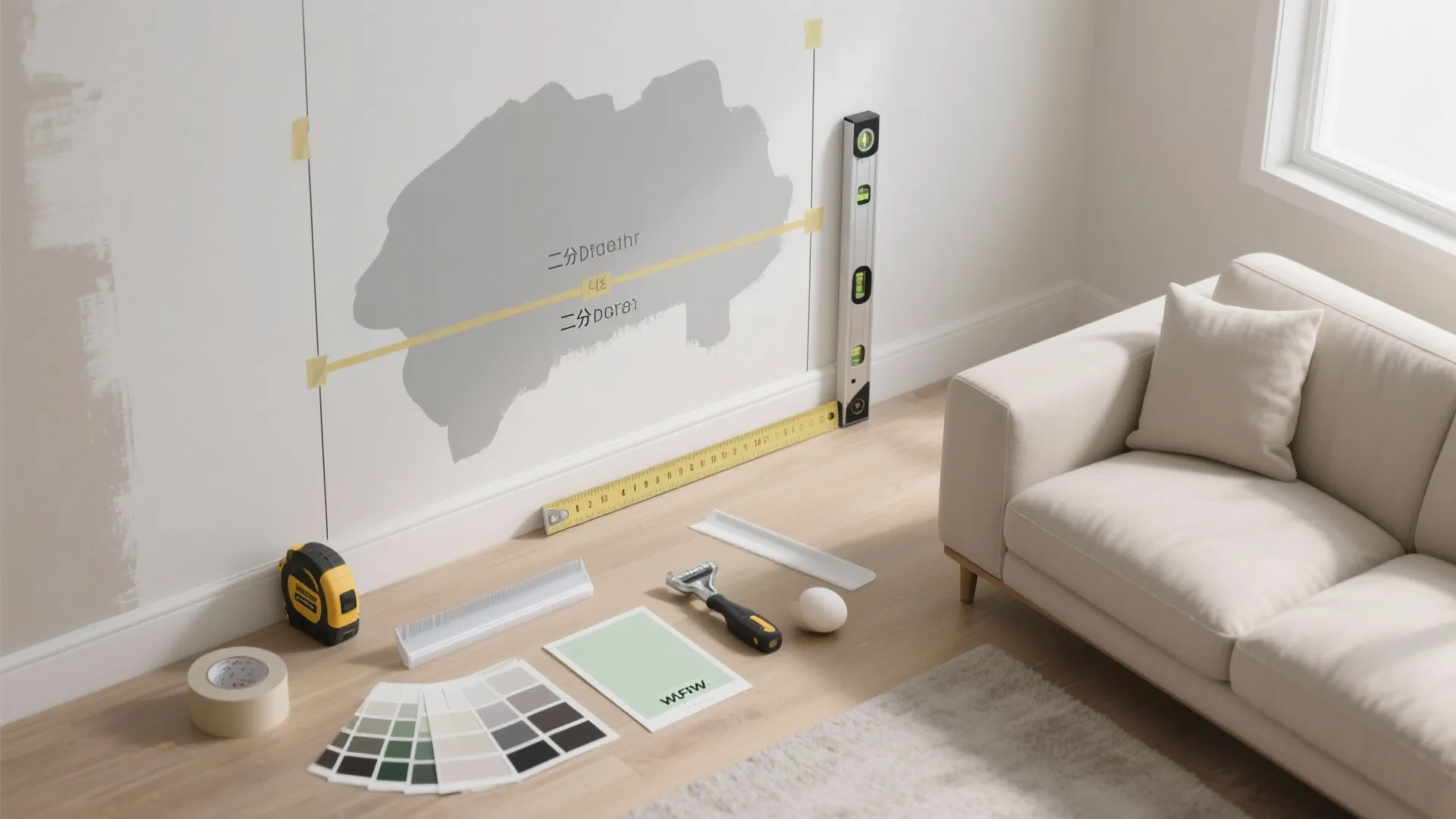 Measuring tools for wall decal installation including tape measure level color swatches and white sofa