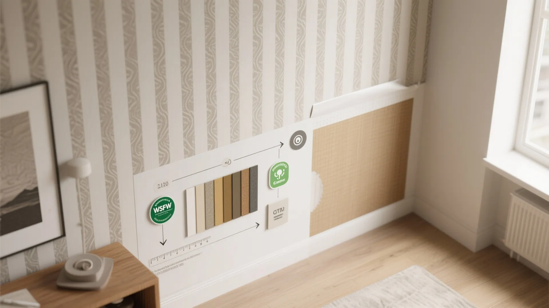Top-down decision board showing wallpaper options, swatches, diagrams and icons for scale, humidity and renter-friendly choices.