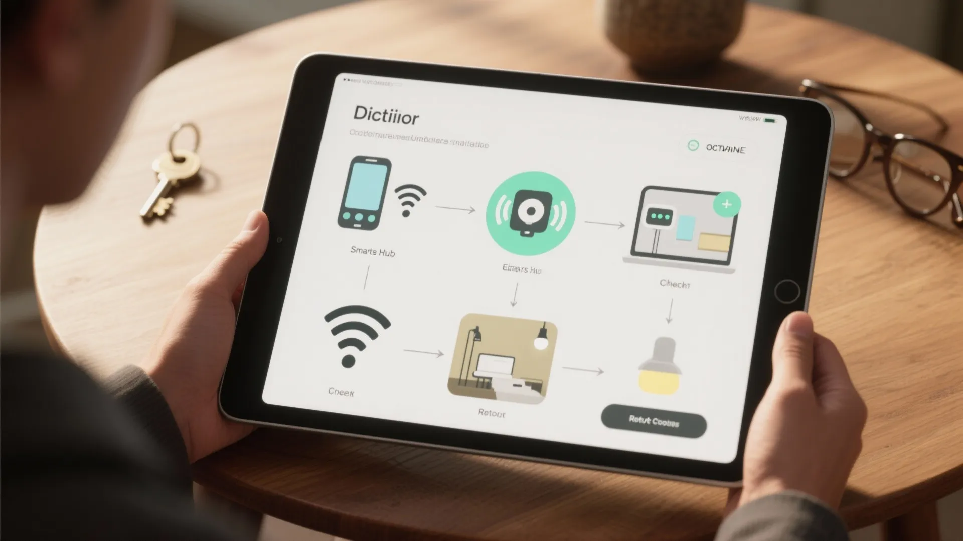 Tablet showing a top-down decision flow for vintage home smart upgrades with icons and vintage props.