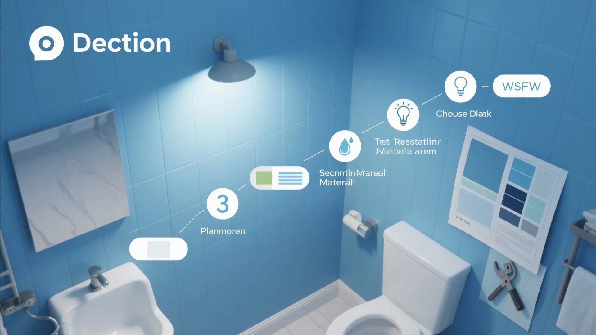Infographic showing a step by step process for bathroom renovation planning inside a blue room
