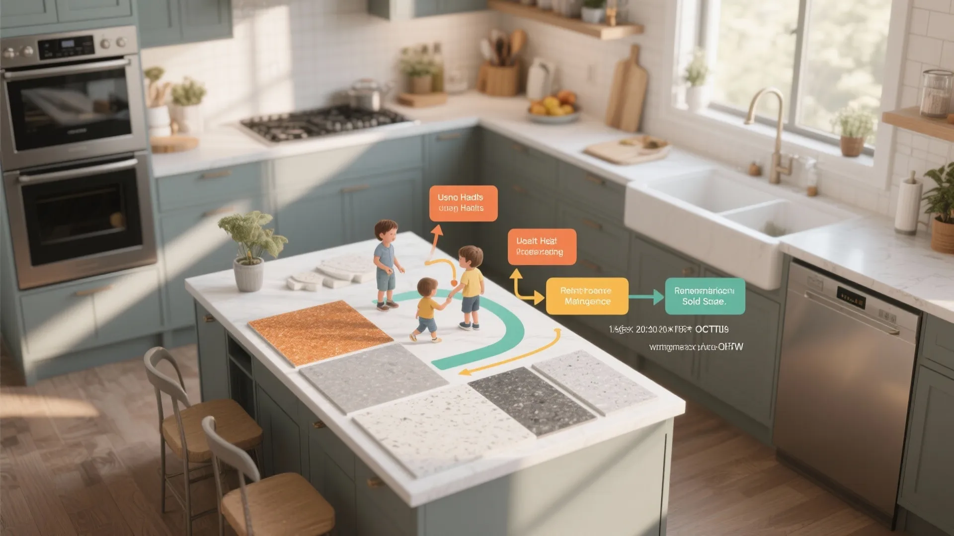 Infographic showing decision flow on kitchen island with stone samples and three small cartoon figures