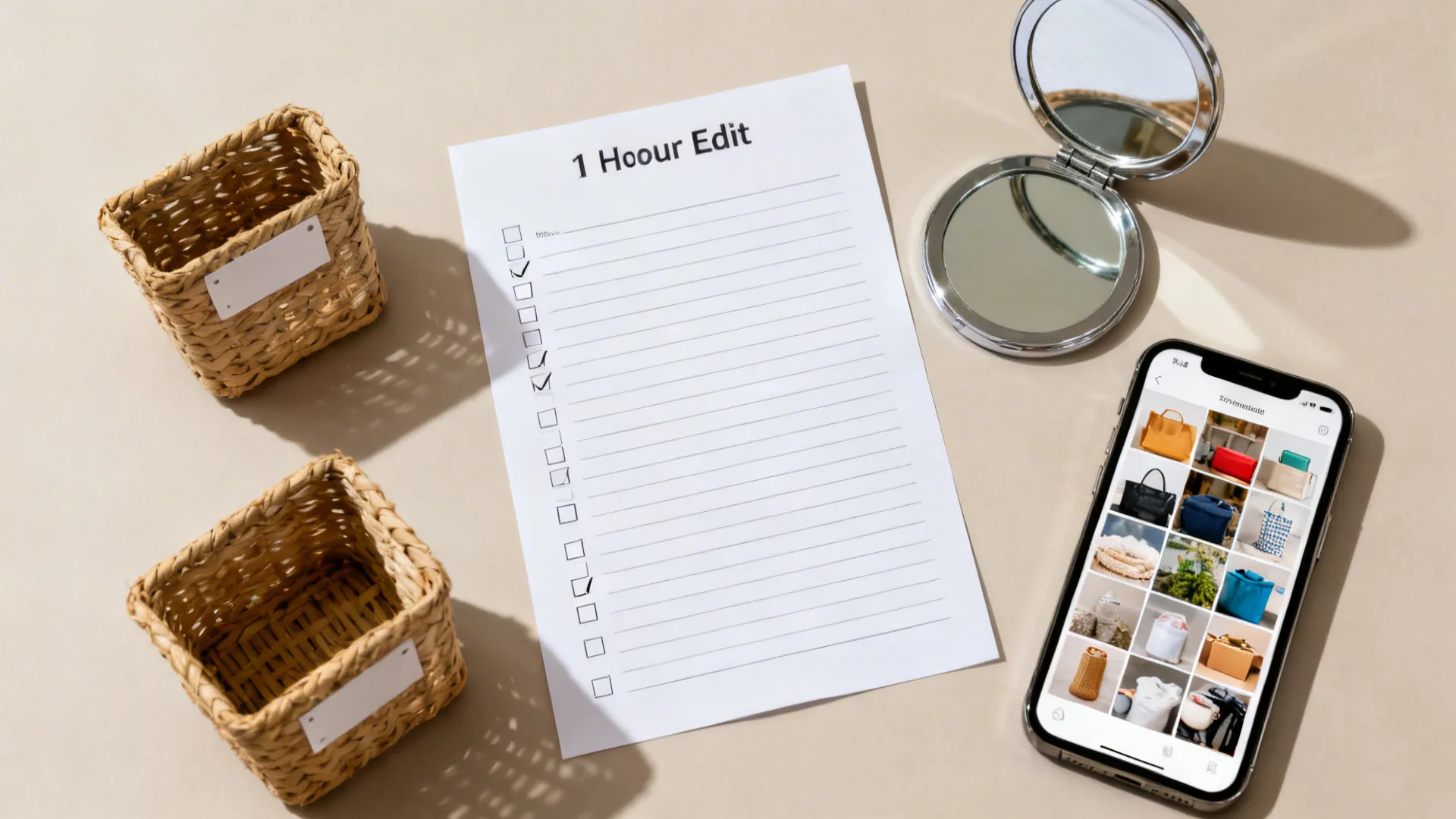 Flatlay showing a one-hour edit checklist, labeled bins, and a phone with photos of donated items.